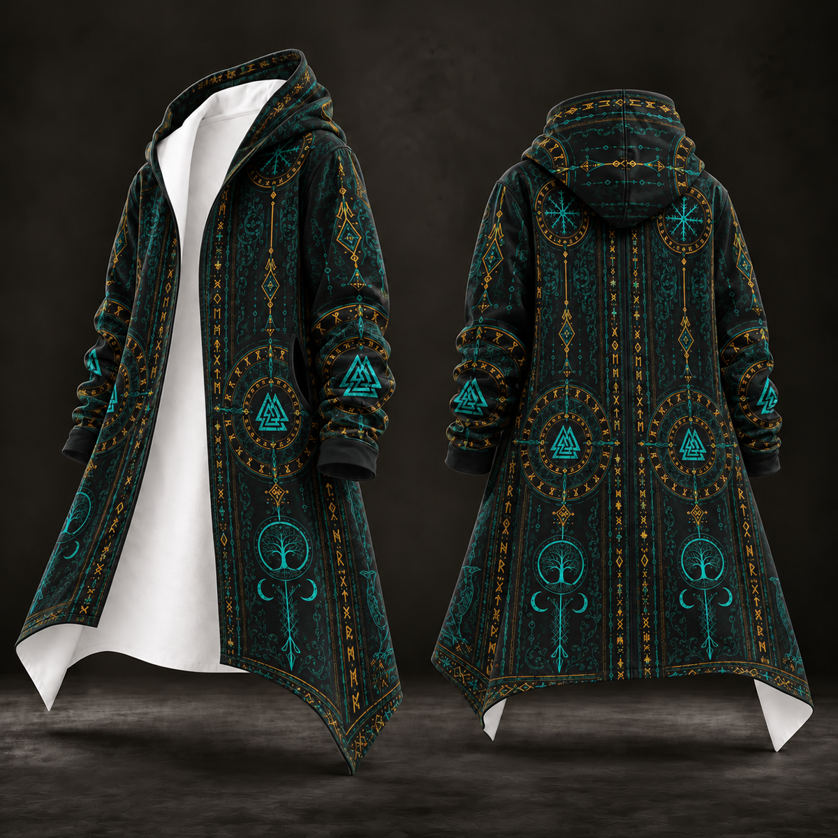 A hooded longline coat shown from the front and back on a dark studio background. The garment has a black base with ornate teal and gold geometric and mystical-style printed motifs, and a white inner lining visible at the front opening.