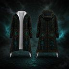 A long hooded robe shown from the front and back, featuring a black base with teal and gold mystical symbols and patterns, set against a dark magical background.