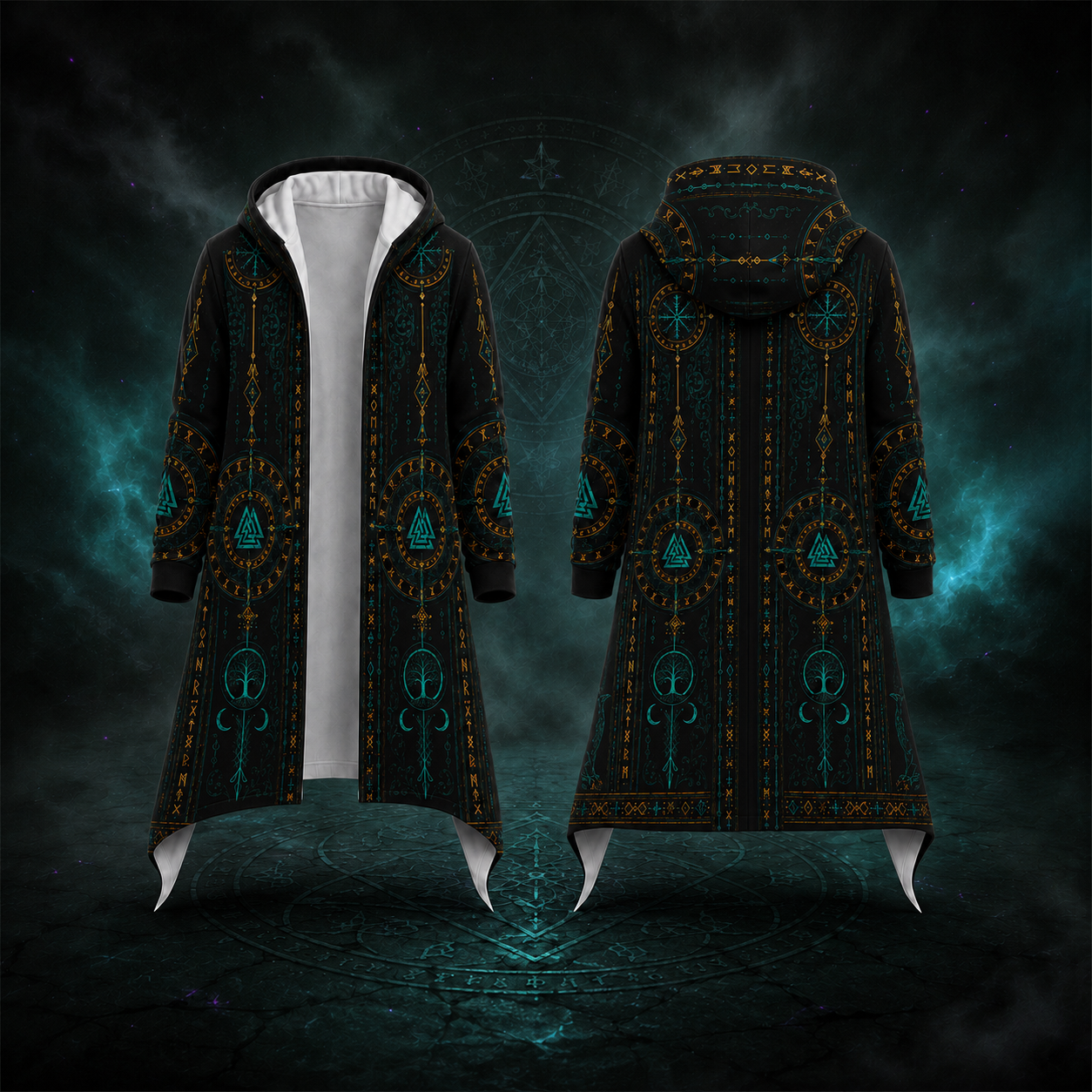 A long hooded robe shown from the front and back, featuring a black base with teal and gold mystical symbols and patterns, set against a dark magical background.