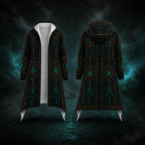 A long hooded robe shown from the front and back, featuring a black base with teal and gold mystical symbols and patterns, set against a dark magical background.