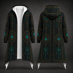 Front and back views of a long hooded robe with a black base, teal geometric and tribal-style patterns, and a white inner lining, displayed on a dark gray background.