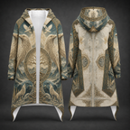 Front and back views of a hooded long coat with an ornate fantasy-style print featuring eagles, trees, and circular motifs in beige, blue, and gold tones, displayed on a dark gray background.