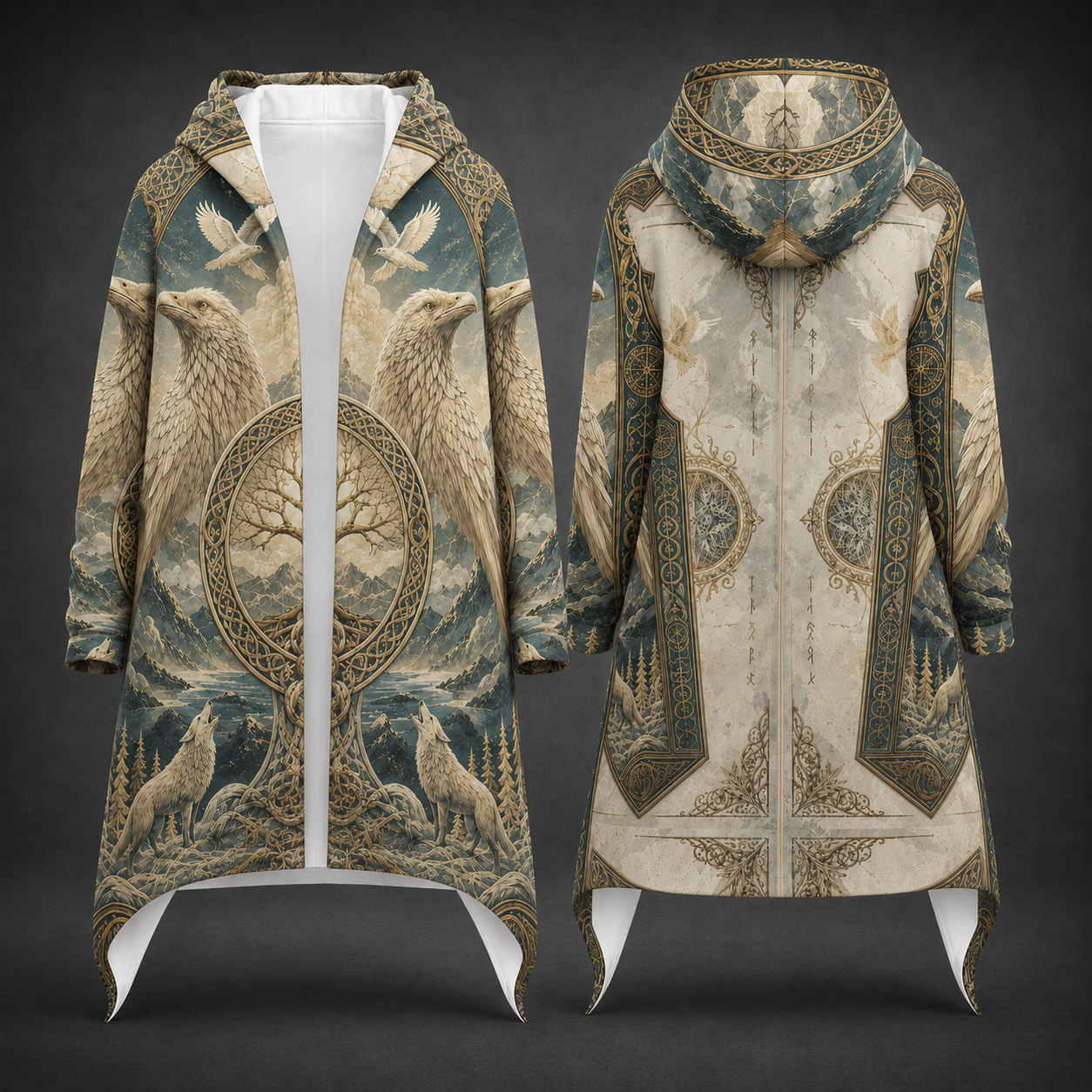 Front and back views of a hooded long coat with an ornate fantasy-style print featuring eagles, trees, and circular motifs in beige, blue, and gold tones, displayed on a dark gray background.