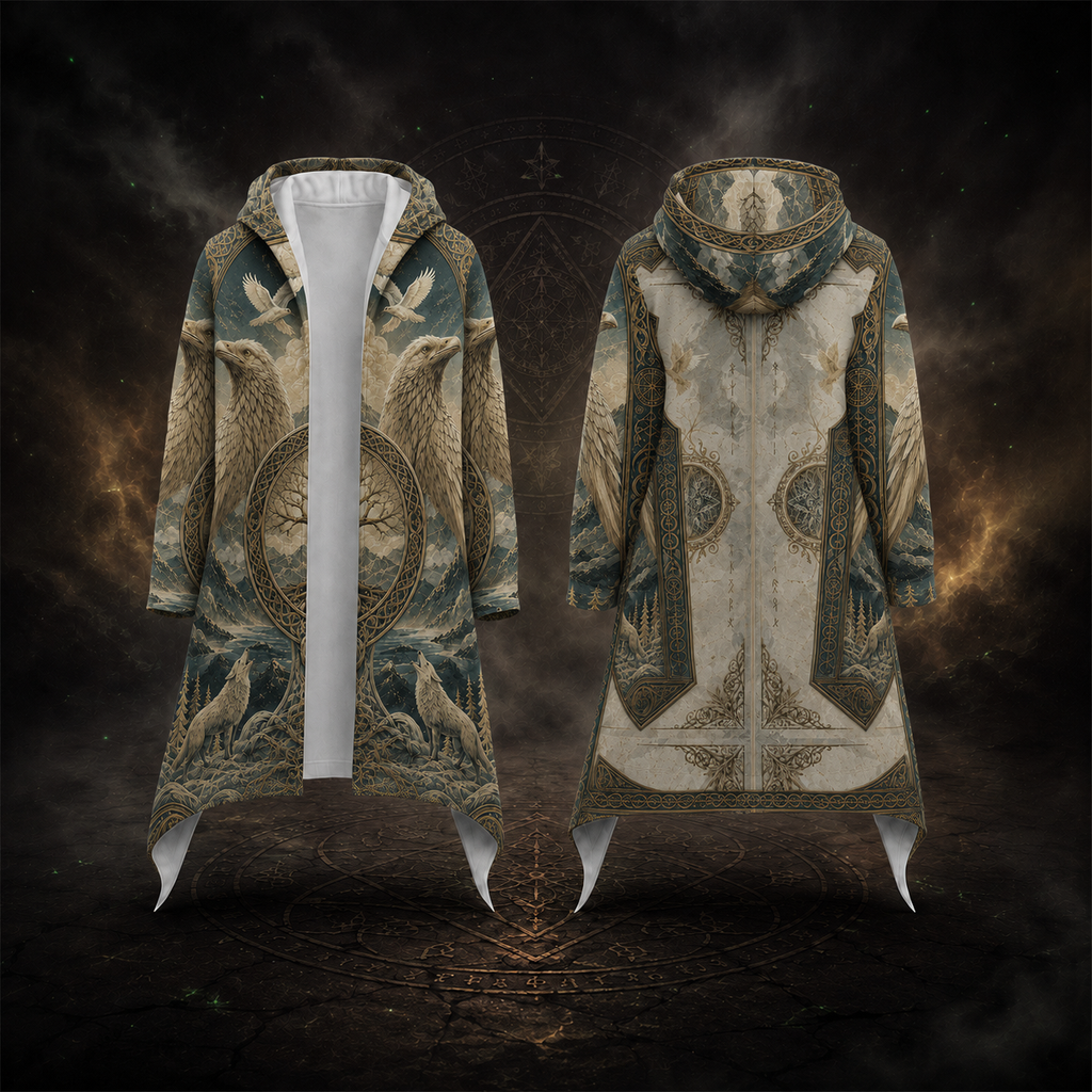 A long hooded robe or coat shown from the front and back, featuring an ornate fantasy-style print with birds, circular motifs, and a white inner lining, displayed against a dark smoky background.