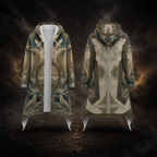 A long hooded robe or coat shown from the front and back, featuring an ornate fantasy-style print with birds, circular motifs, and a white inner lining, displayed against a dark smoky background.