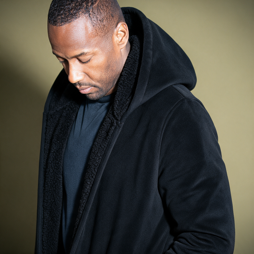 A man wearing a black hooded jacket with a plush fleece lining, photographed in a studio setting against a warm olive background.