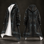 A long hooded robe-style coat shown from the front and back on a dark mannequin form. The garment is predominantly black with an intricate blue-gray and gold ornamental pattern, a white inner lining visible on the front, and a full front zipper.