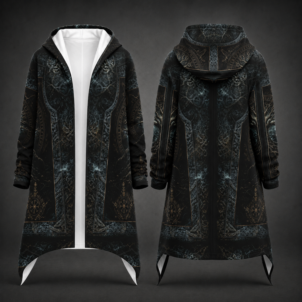 Front and back views of a long hooded coat with an intricate dark teal, black, and gold gothic pattern, displayed on a dark gray background.