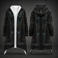 Front and back views of a long hooded coat with an intricate dark teal, black, and gold gothic pattern, displayed on a dark gray background.