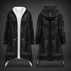 Front and back views of a long hooded coat with an intricate dark teal, black, and gold gothic pattern, displayed on a dark gray background.