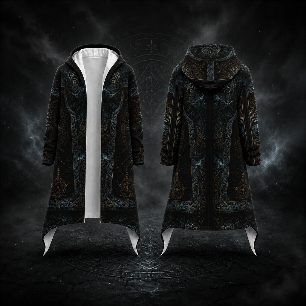 A long hooded coat shown from the front and back on a dark smoky studio background. The coat is predominantly black with an intricate dark blue and bronze gothic filigree pattern, featuring a white inner lining visible at the open front and a white curved hem detail.