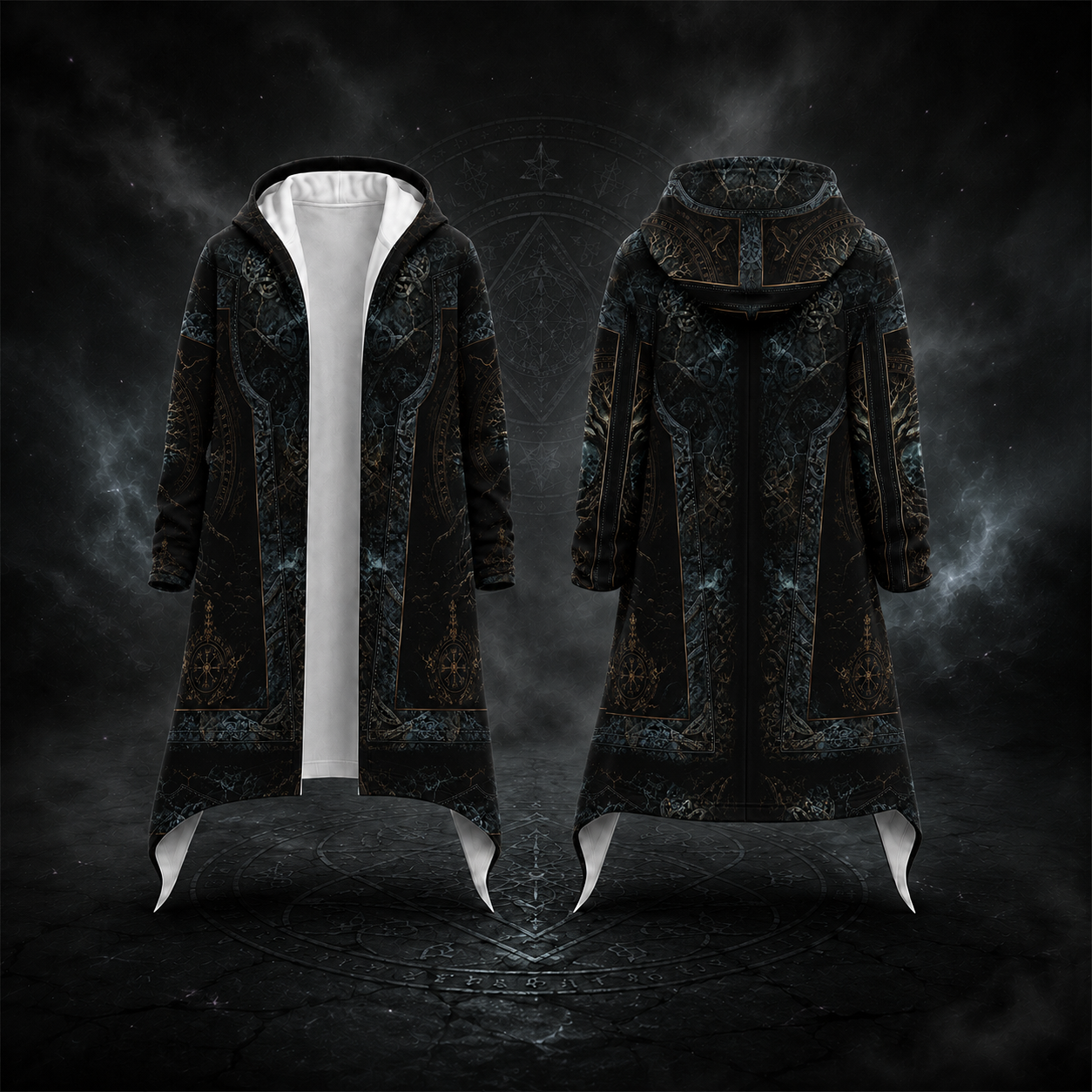 A long hooded coat shown from the front and back on a dark smoky studio background. The coat is predominantly black with an intricate dark blue and bronze gothic filigree pattern, featuring a white inner lining visible at the open front and a white curved hem detail.
