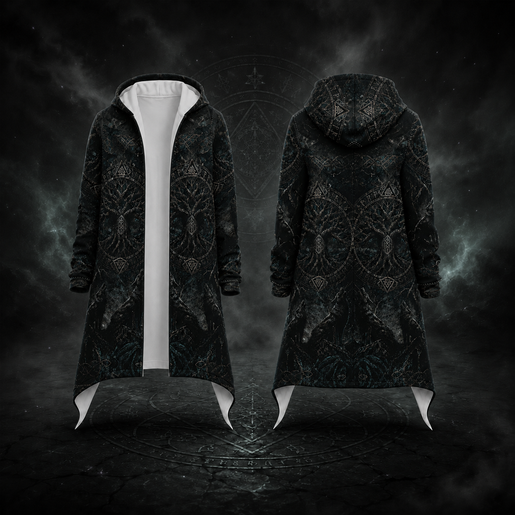 A long black hooded robe with an intricate silver tree-of-life and geometric pattern, shown from both the front and back. The front view reveals a contrasting white inner lining.