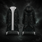 A long black hooded robe with an intricate silver tree-of-life and geometric pattern, shown from both the front and back. The front view reveals a contrasting white inner lining.