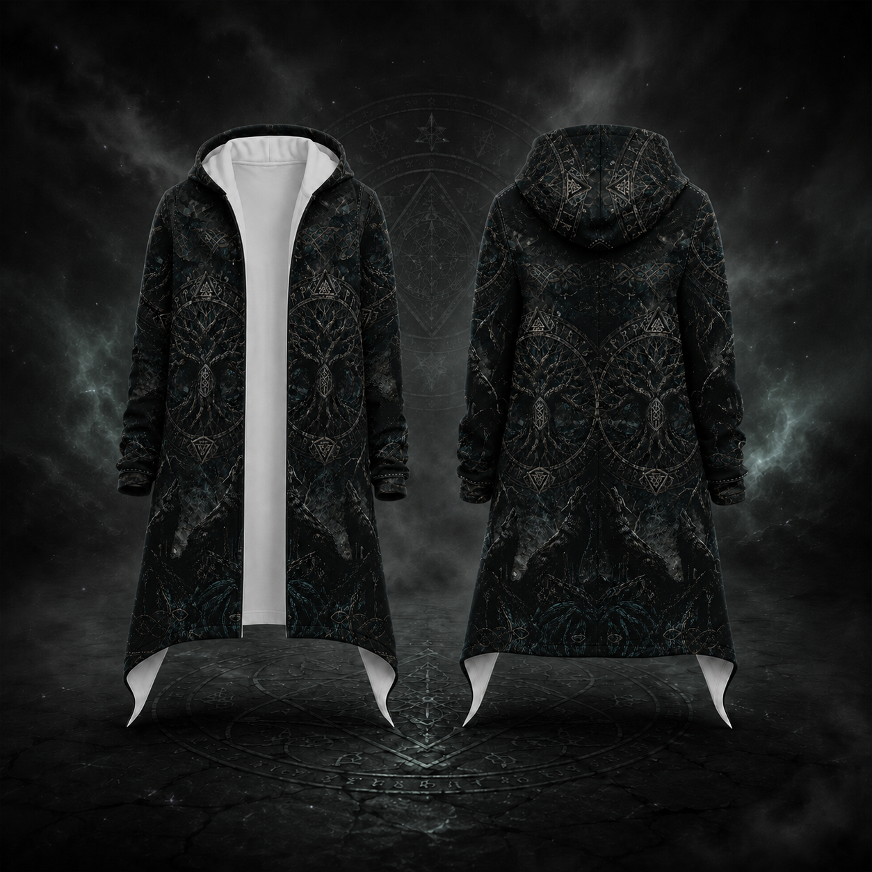 A long black hooded robe with an intricate silver tree-of-life and geometric pattern, shown from both the front and back. The front view reveals a contrasting white inner lining.