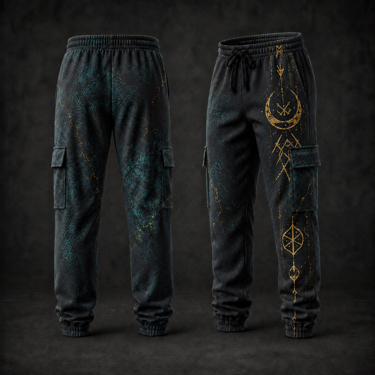 A pair of dark charcoal cargo jogger pants shown from the front and back against a dark studio background. The pants feature a subtle teal and gold cosmic nebula print, with gold celestial and geometric symbols printed on the left leg.