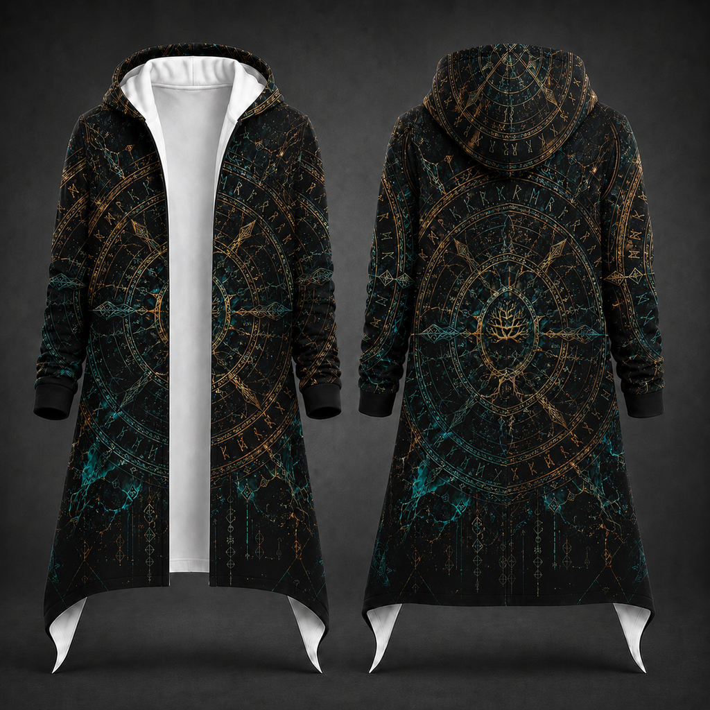 Front and back views of a long hooded cardigan with a black base and an intricate celestial design in gold, teal, and dark blue, shown against a dark gray background.