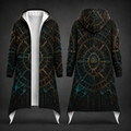 Front and back views of a long hooded cardigan with a black base and an intricate celestial design in gold, teal, and dark blue, shown against a dark gray background.