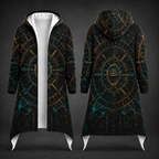 Front and back views of a long hooded cardigan with a black base and an intricate celestial design in gold, teal, and dark blue, shown against a dark gray background.