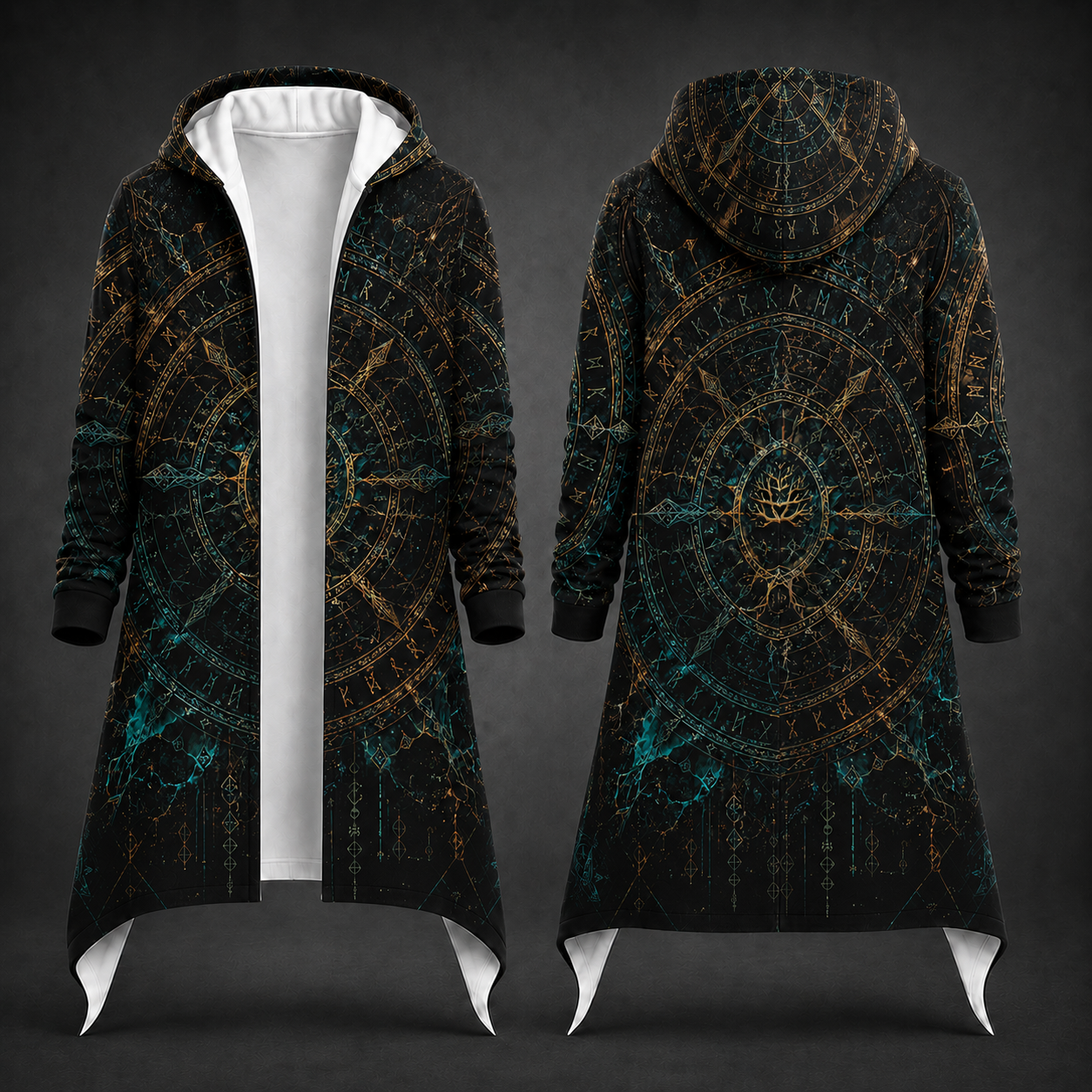Front and back views of a long hooded cardigan with a black base and an intricate celestial design in gold, teal, and dark blue, shown against a dark gray background.