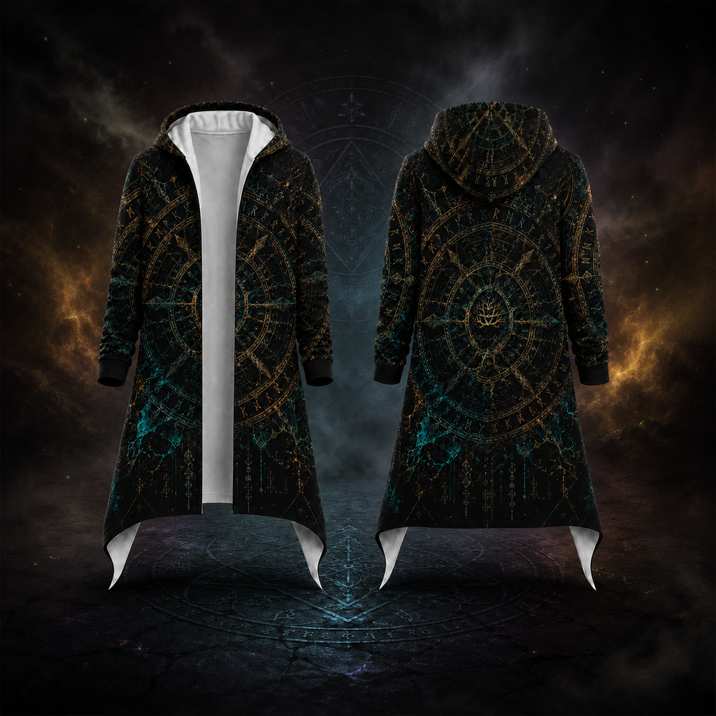 A long hooded robe or coat shown from the front and back on a dark fantasy-style background. The garment has a black base with intricate gold circular occult-style patterns and teal accents, plus a white inner lining visible at the front opening.