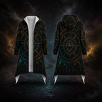 A long hooded robe or coat shown from the front and back on a dark fantasy-style background. The garment has a black base with intricate gold circular occult-style patterns and teal accents, plus a white inner lining visible at the front opening.