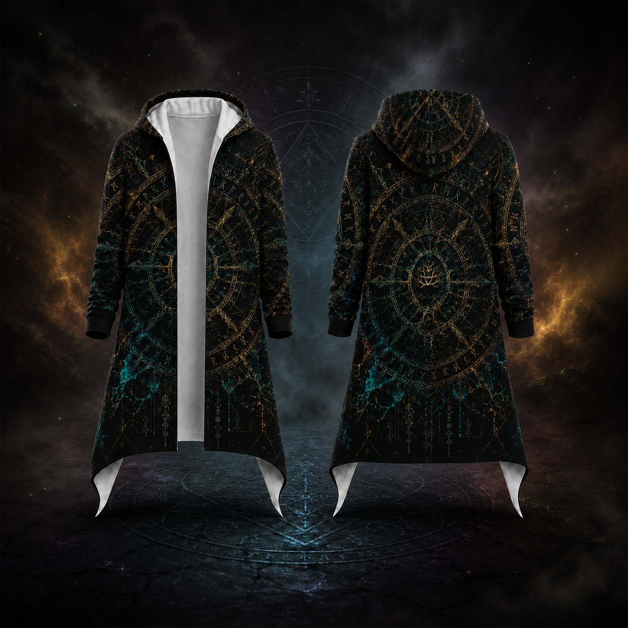 A long hooded robe or coat shown from the front and back on a dark fantasy-style background. The garment has a black base with intricate gold circular occult-style patterns and teal accents, plus a white inner lining visible at the front opening.