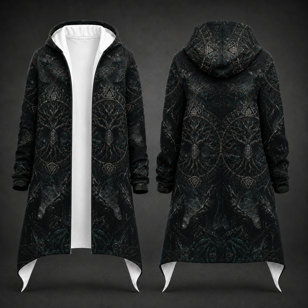 A long hooded coat shown from the front and back on a dark studio background. The coat is black with an allover dark gray gothic-style tree and geometric pattern, and features a contrasting white inner lining and white pointed hem flaps.