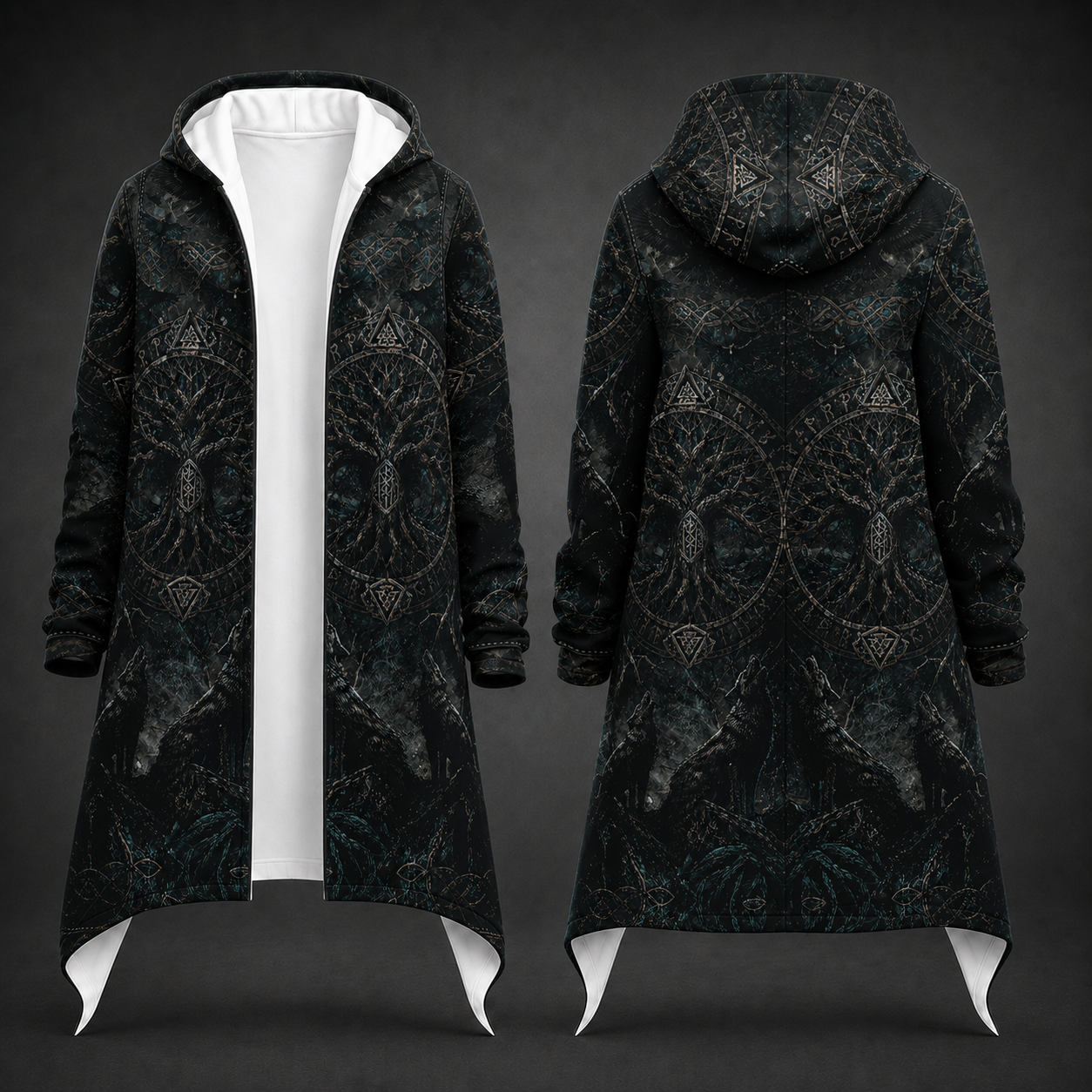 A long hooded coat shown from the front and back on a dark studio background. The coat is black with an allover dark gray gothic-style tree and geometric pattern, and features a contrasting white inner lining and white pointed hem flaps.