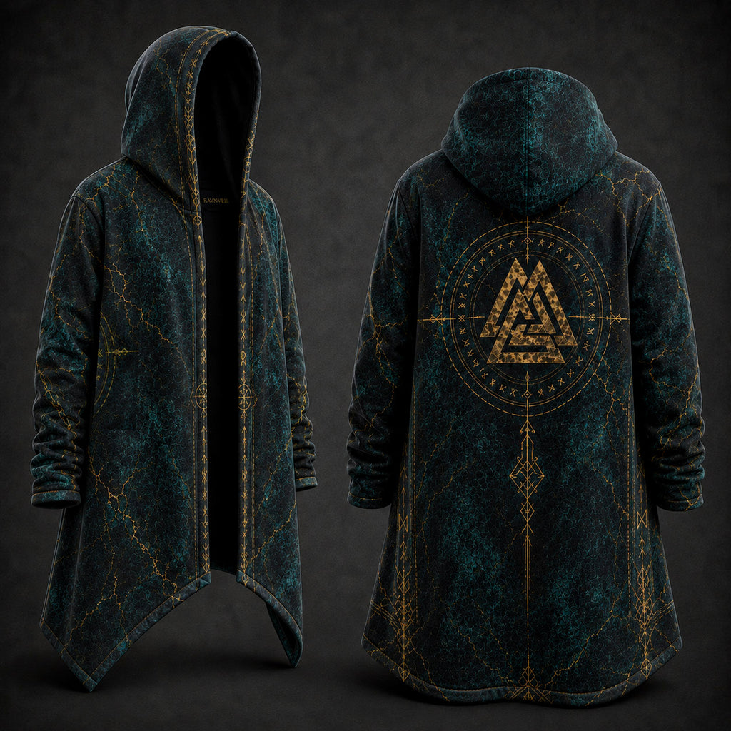 A dark teal hooded robe with gold Norse-style geometric and triangular designs, shown from both the front and back views against a dark textured background.