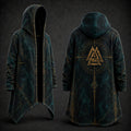 A dark teal hooded robe with gold Norse-style geometric and triangular designs, shown from both the front and back views against a dark textured background.