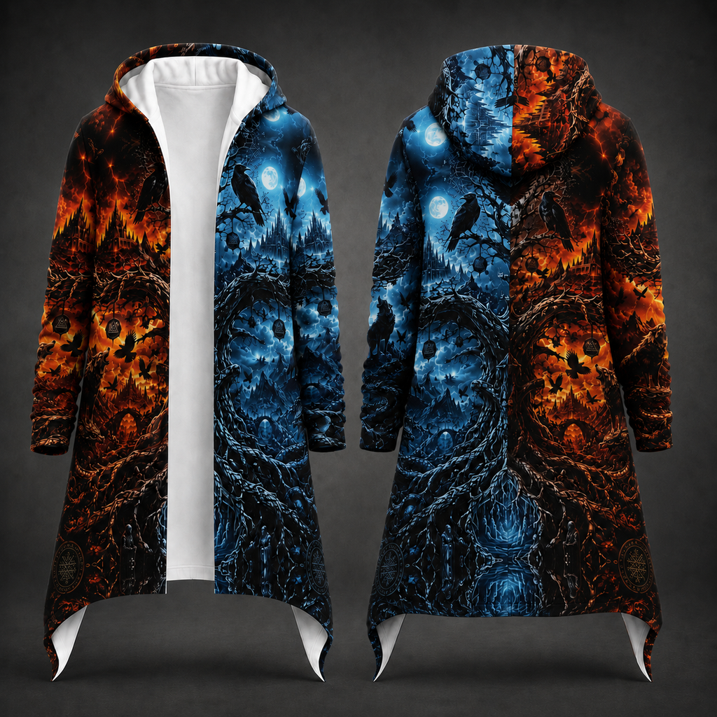 A long hooded coat shown from the front and back on a dark fantasy-style background. The coat has a split design: one half is black with glowing orange fire-like patterns, and the other half is black with glowing blue ice-like patterns.