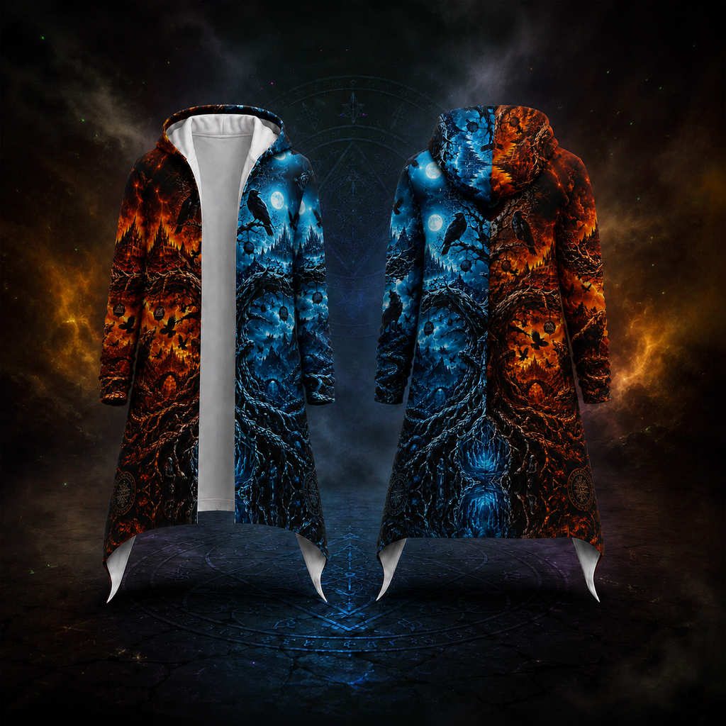 A long hooded coat shown from the front and back on a dark fantasy-style background. The coat has a split design: one half is black with glowing orange fire-like patterns, and the other half is black with glowing blue ice-like patterns.