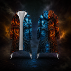 A long hooded coat shown from the front and back on a dark fantasy-style background. The coat has a split design: one half is black with glowing orange fire-like patterns, and the other half is black with glowing blue ice-like patterns.