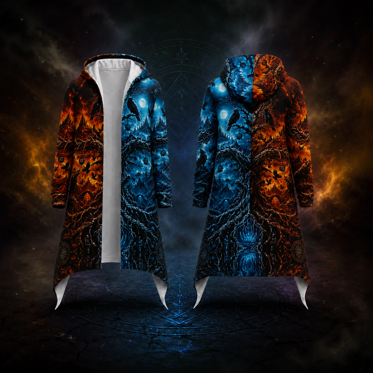 A long hooded coat shown from the front and back on a dark fantasy-style background. The coat has a split design: one half is black with glowing orange fire-like patterns, and the other half is black with glowing blue ice-like patterns.