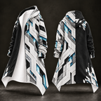 A long hooded coat shown from the front and back on a dark studio background. The garment has a black base with a large white geometric block pattern and bright blue accents throughout.
