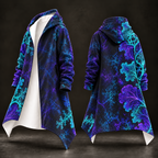 Front and back views of a long hooded coat with a vibrant fractal floral pattern in purple, blue, and teal, displayed on a dark background.