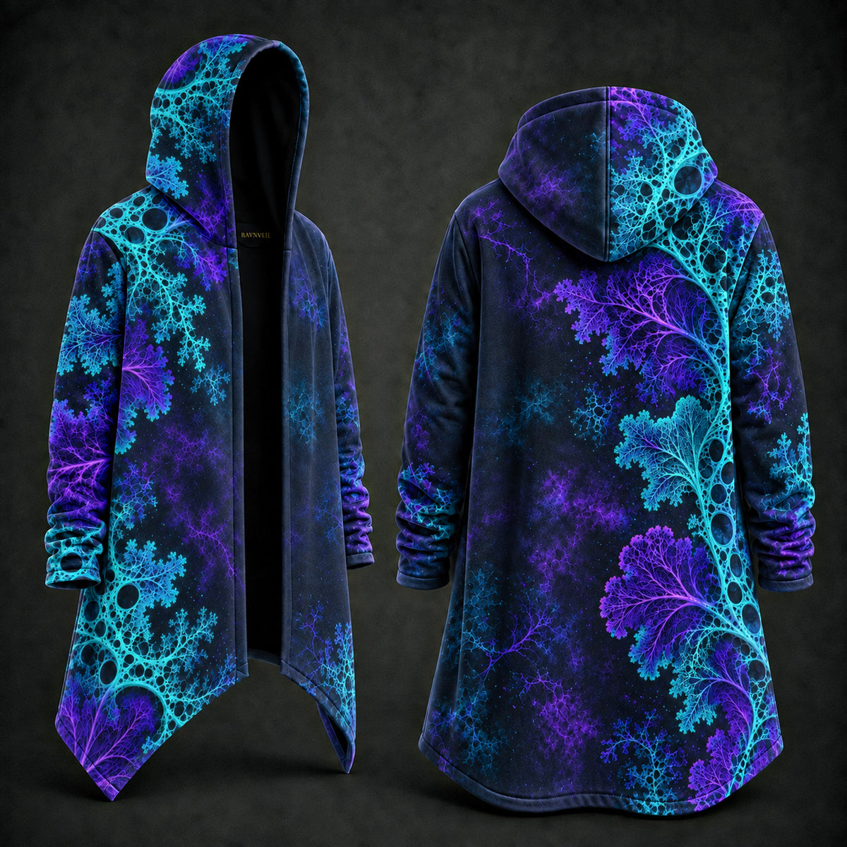 Front and back views of a long hooded cardigan with a vibrant fractal floral pattern in purple, blue, and teal on a dark base, set against a dark textured background.