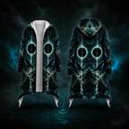 A long hooded coat shown from the front and back, featuring a dark teal and black cosmic fractal pattern with glowing circular eye-like motifs and white inner lining, set against a dark mystical background.