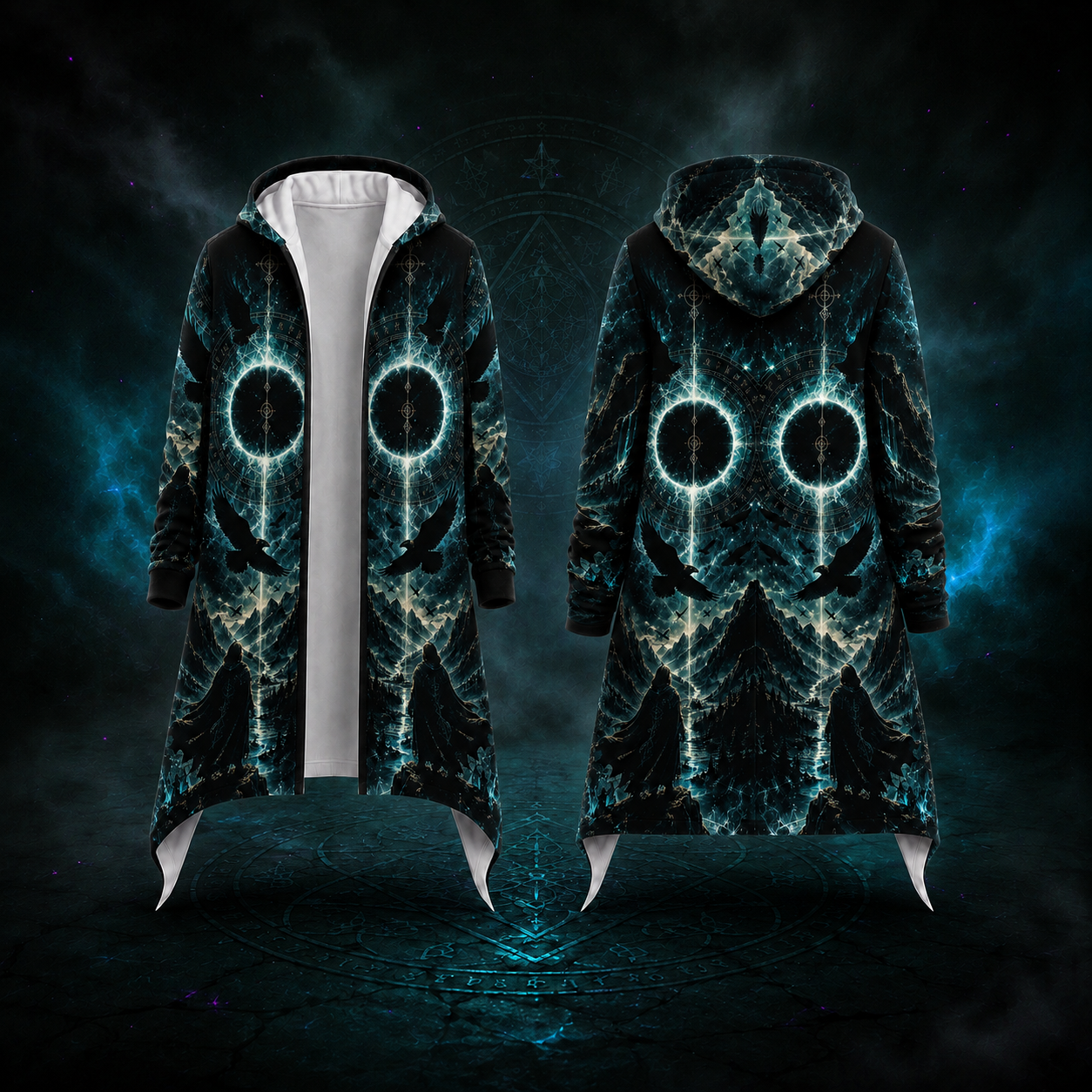 A long hooded coat shown from the front and back, featuring a dark teal and black cosmic fractal pattern with glowing circular eye-like motifs and white inner lining, set against a dark mystical background.