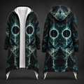 Front and back views of a long hooded coat with an all-over dark fantasy print featuring glowing teal circular eye-like symbols, black raven silhouettes, and misty mountain shapes on a black background.