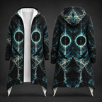 Front and back views of a long hooded coat with an all-over dark fantasy print featuring glowing teal circular eye-like symbols, black raven silhouettes, and misty mountain shapes on a black background.