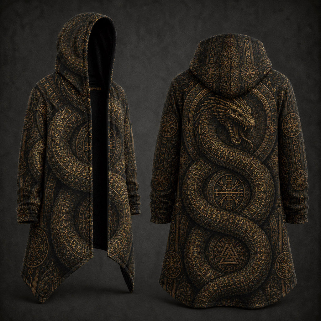 A hooded longline coat shown from the front and back on a dark studio background. The garment has an all-over intricate serpent and circular geometric pattern in warm gold and brown tones on a black base.